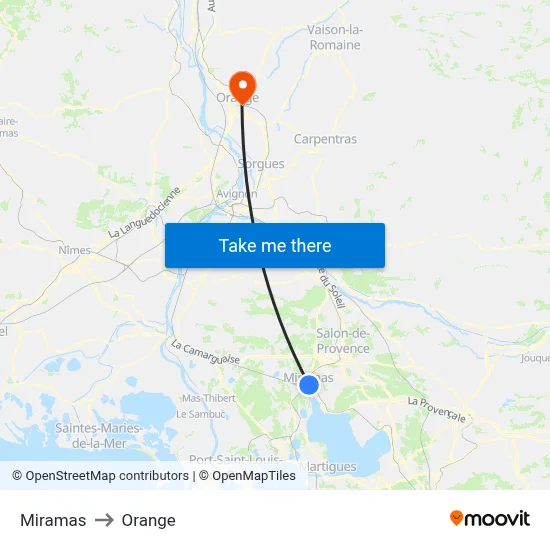Miramas to Orange map