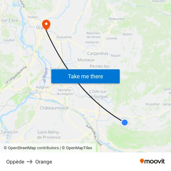 Oppède to Orange map