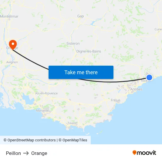 Peillon to Orange map