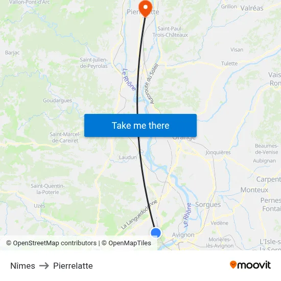 Nîmes to Pierrelatte map
