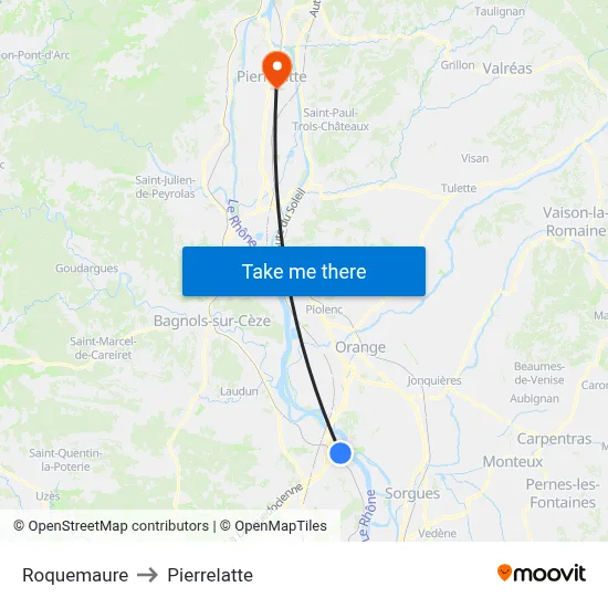 Roquemaure to Pierrelatte map