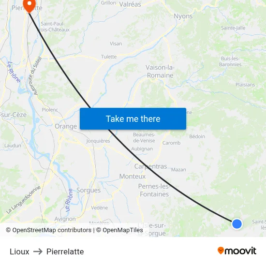 Lioux to Pierrelatte map