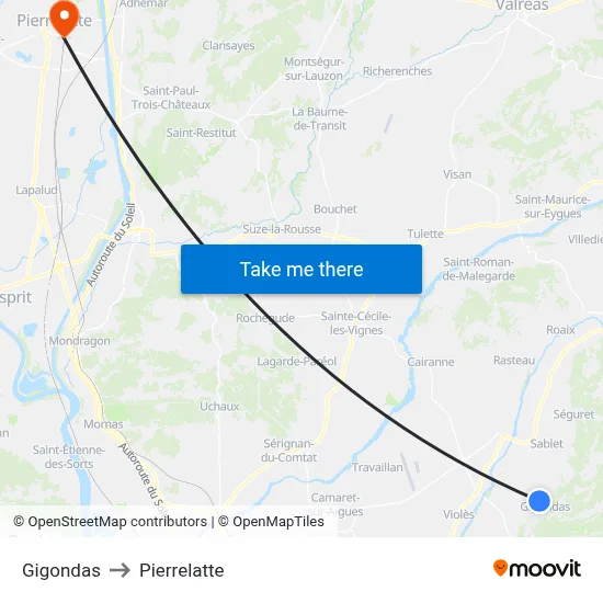 Gigondas to Pierrelatte map