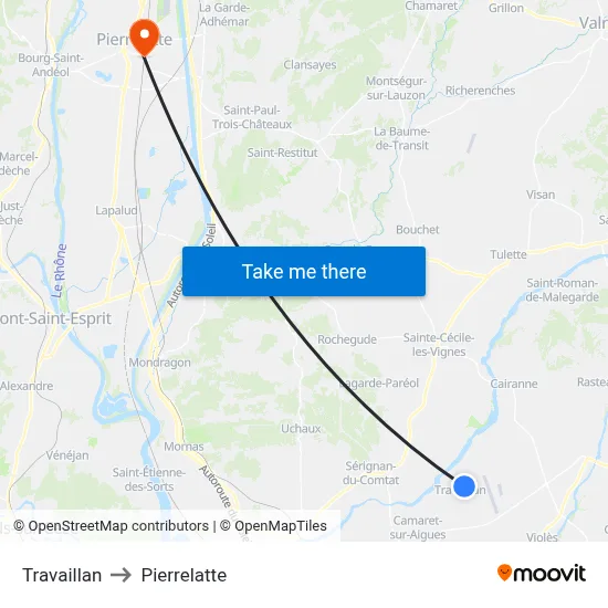 Travaillan to Pierrelatte map