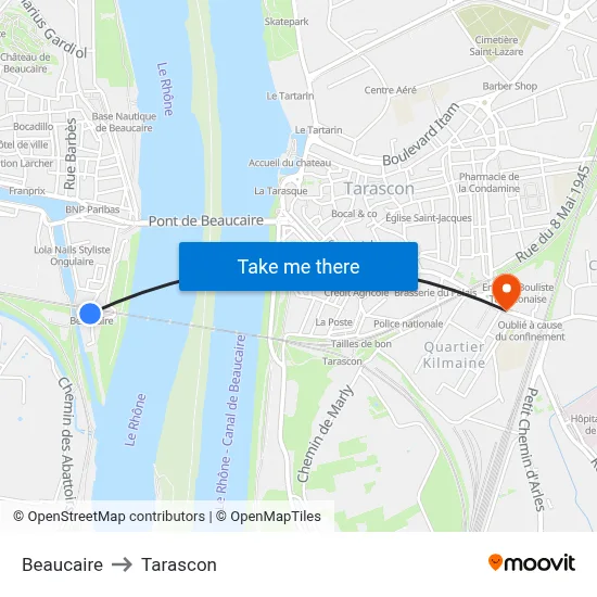 Beaucaire to Tarascon map