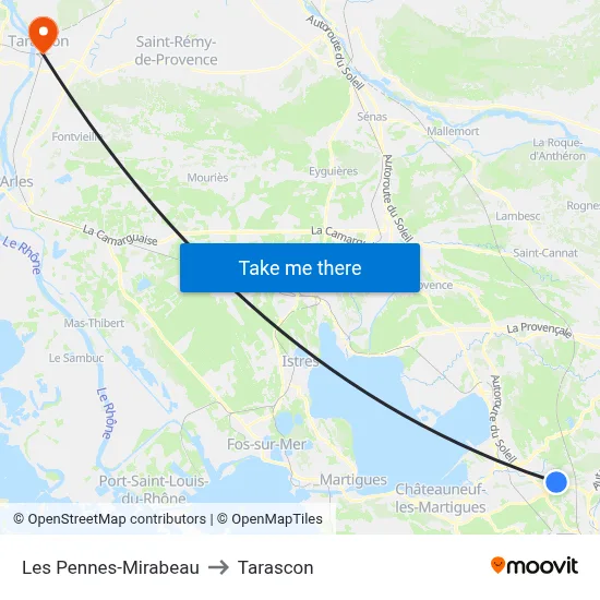 Les Pennes-Mirabeau to Tarascon map