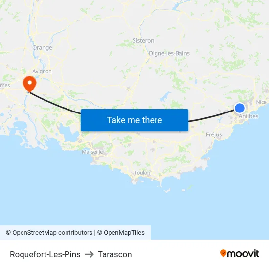 Roquefort-Les-Pins to Tarascon map