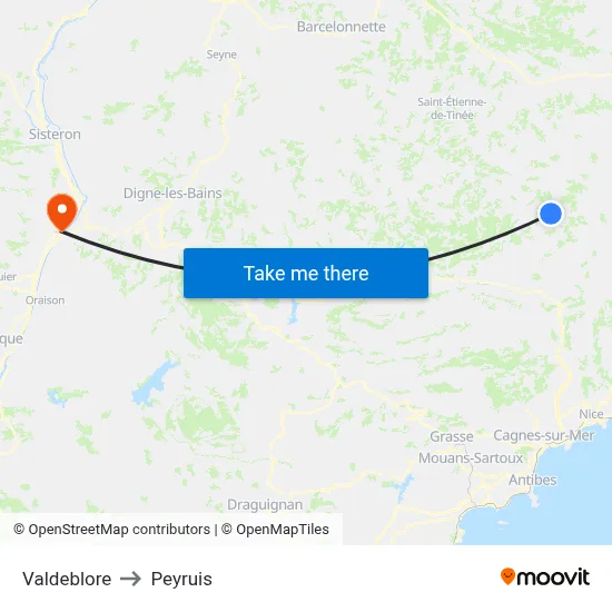 Valdeblore to Peyruis map