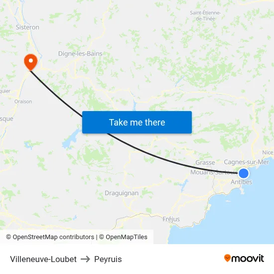 Villeneuve-Loubet to Peyruis map