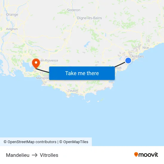 Mandelieu to Vitrolles map