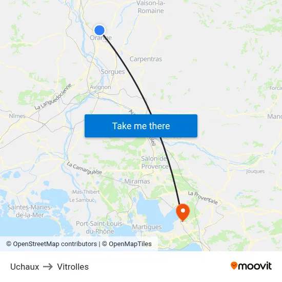 Uchaux to Vitrolles map