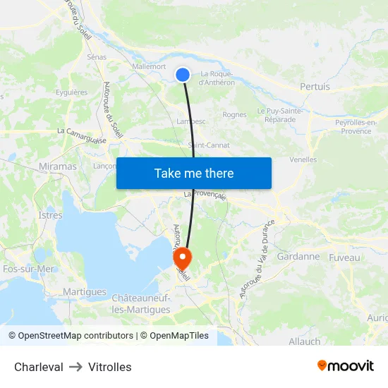 Charleval to Vitrolles map