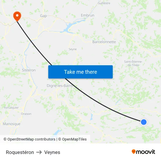 Roquestéron to Veynes map