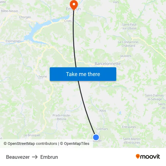 Beauvezer to Embrun map