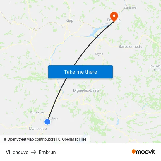 Villeneuve to Embrun map
