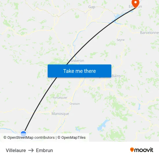 Villelaure to Embrun map
