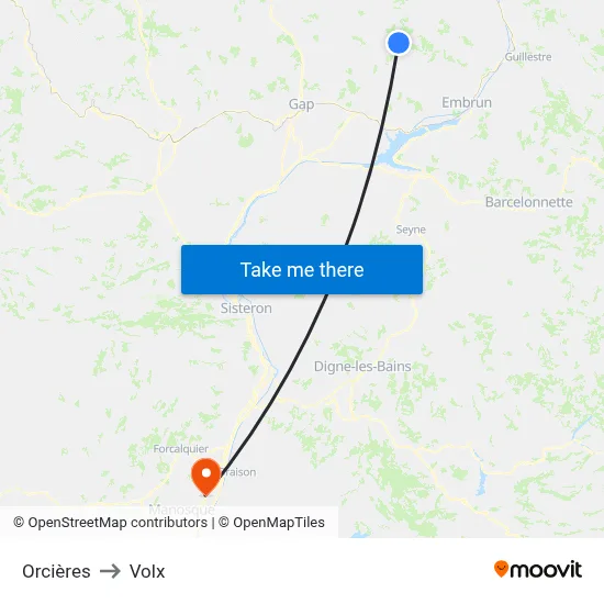 Orcières to Volx map