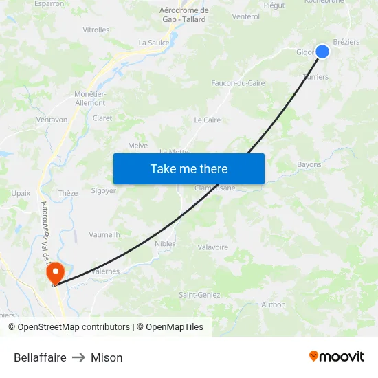 Bellaffaire to Mison map