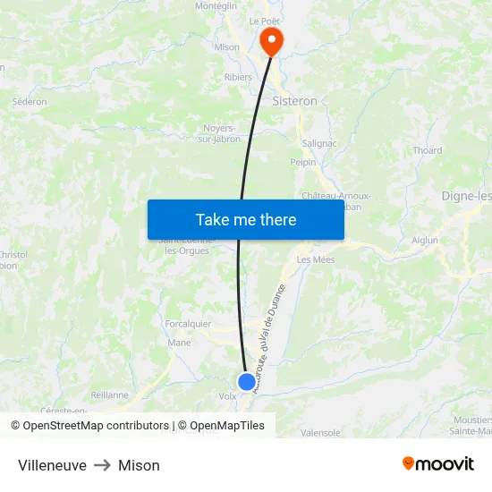 Villeneuve to Mison map