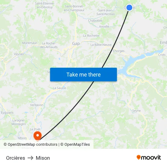 Orcières to Mison map