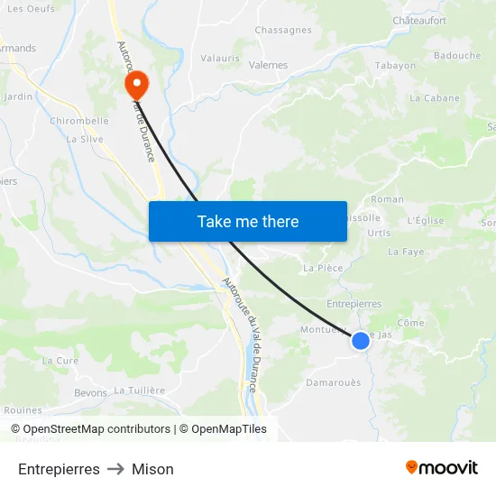 Entrepierres to Mison map