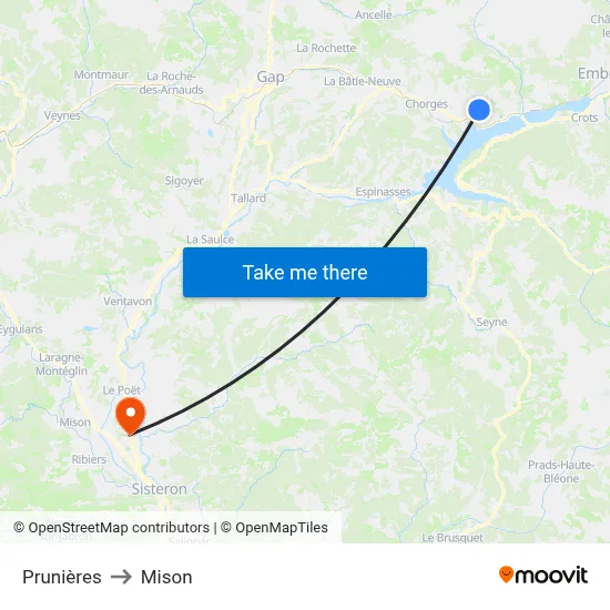 Prunières to Mison map