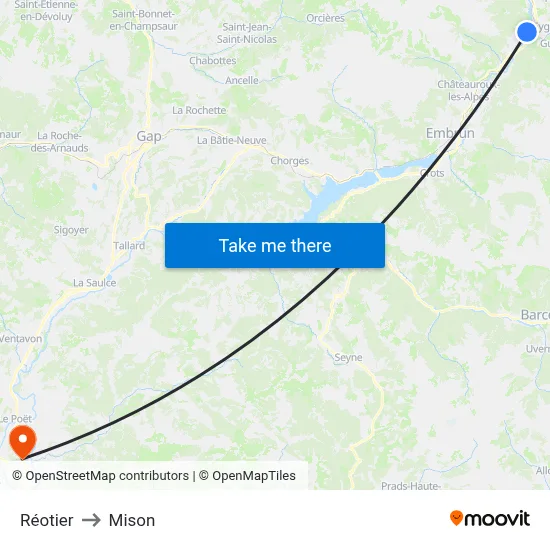 Réotier to Mison map