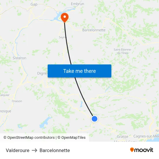 Valderoure to Barcelonnette map