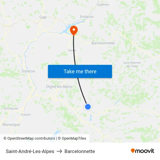 Saint-André-Les-Alpes to Barcelonnette map