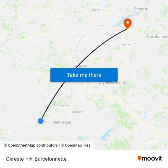 Céreste to Barcelonnette map