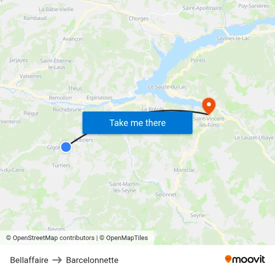 Bellaffaire to Barcelonnette map