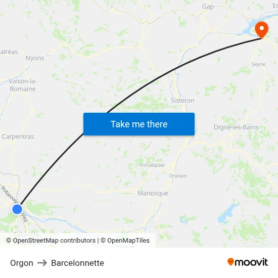 Orgon to Barcelonnette map