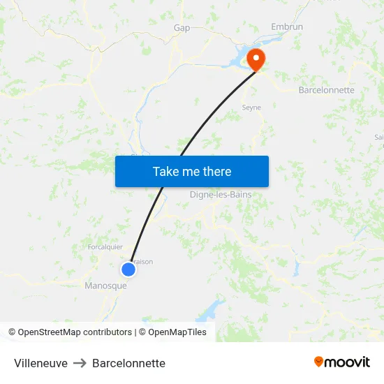 Villeneuve to Barcelonnette map