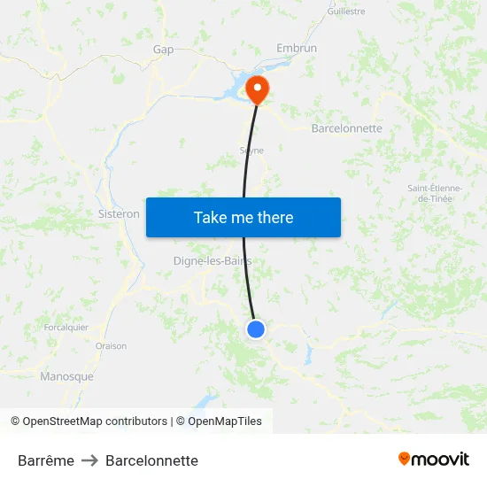 Barrême to Barcelonnette map