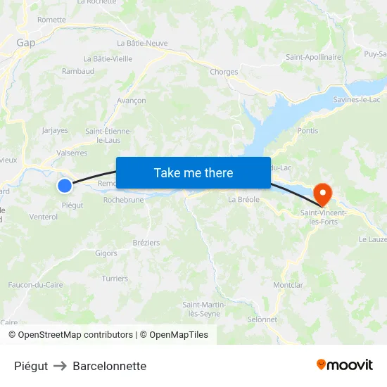 Piégut to Barcelonnette map
