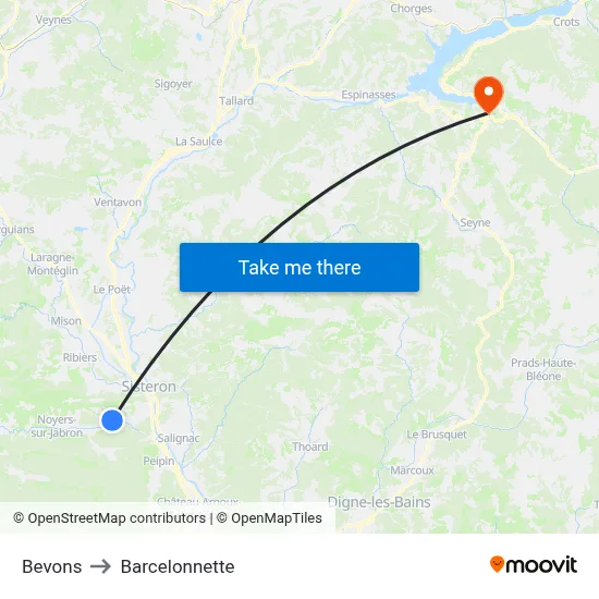 Bevons to Barcelonnette map