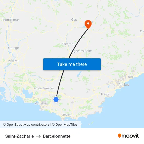 Saint-Zacharie to Barcelonnette map