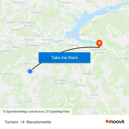Turriers to Barcelonnette map