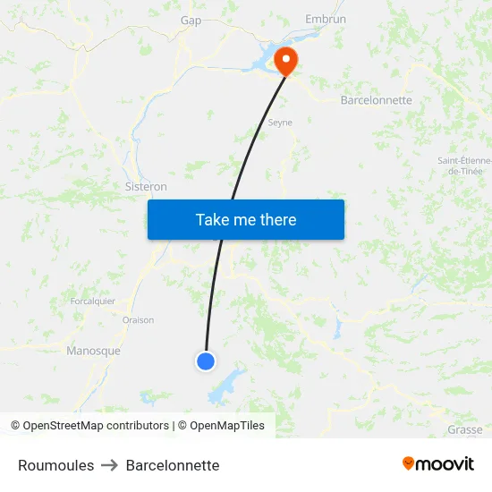 Roumoules to Barcelonnette map