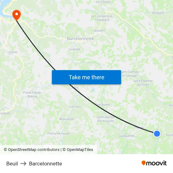 Beuil to Barcelonnette map