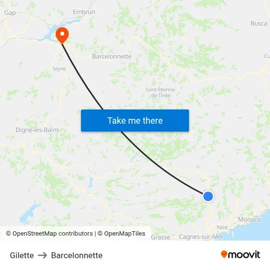 Gilette to Barcelonnette map
