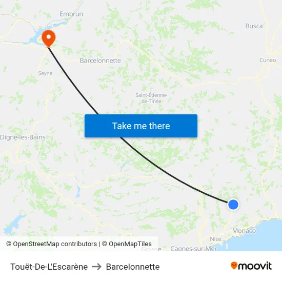 Touët-De-L'Escarène to Barcelonnette map