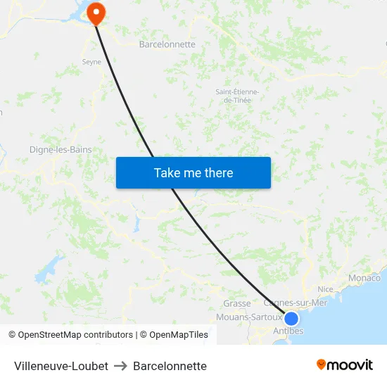 Villeneuve-Loubet to Barcelonnette map