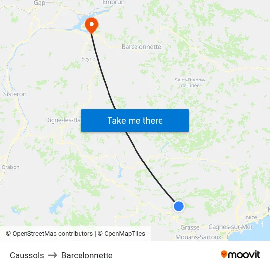 Caussols to Barcelonnette map