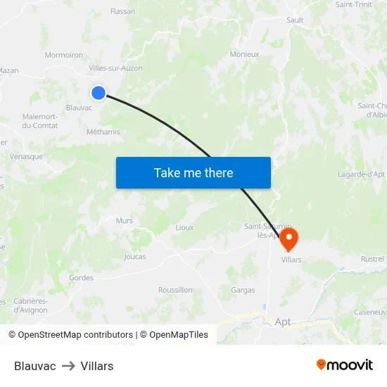 Blauvac to Villars map