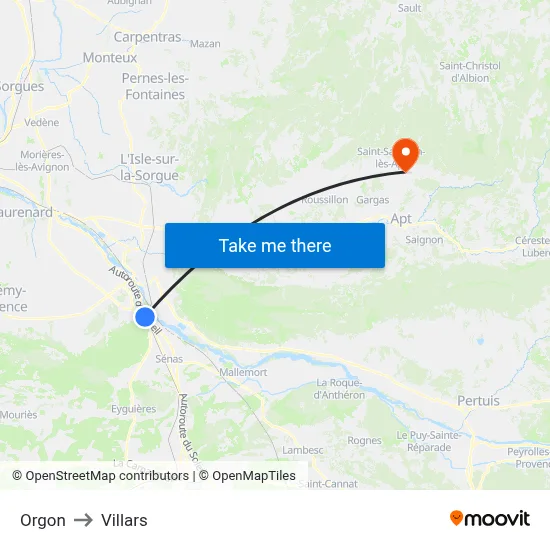 Orgon to Villars map