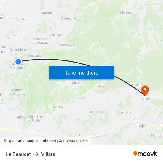 Le Beaucet to Villars map
