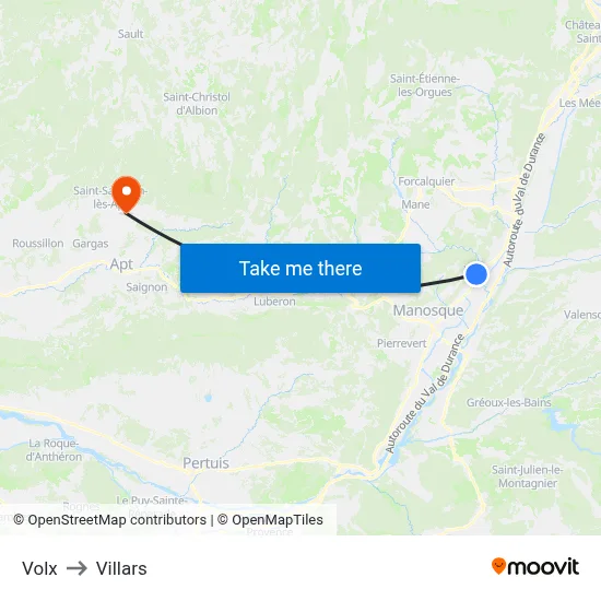 Volx to Villars map