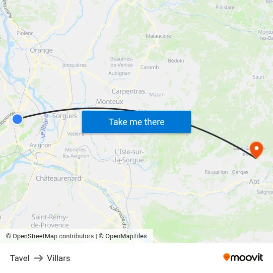 Tavel to Villars map