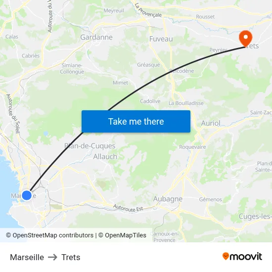 Marseille to Trets map